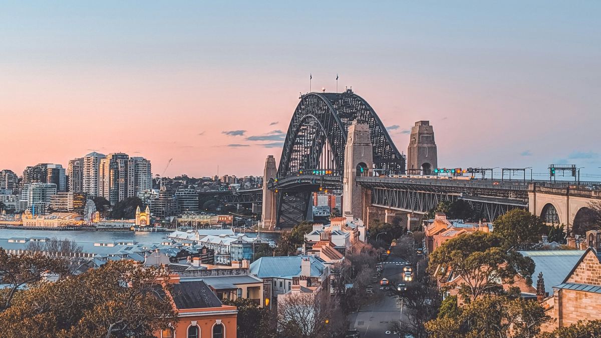 Sydney Harbour Bridge and city skyline at dusk